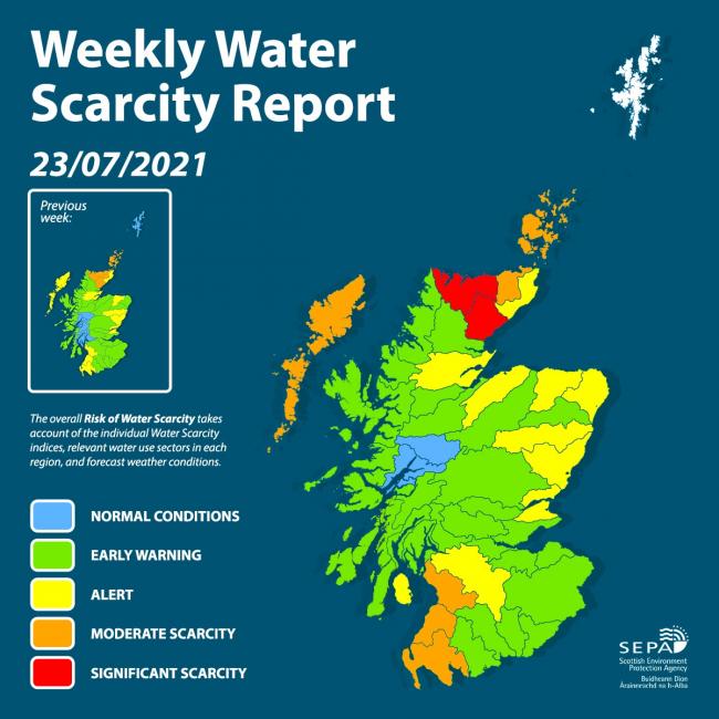 国家环保总局最新的水资源稀缺地图表明，苏格兰的淡水资源并不是无限的——只有蓝色标记的区域目前有正常的水位